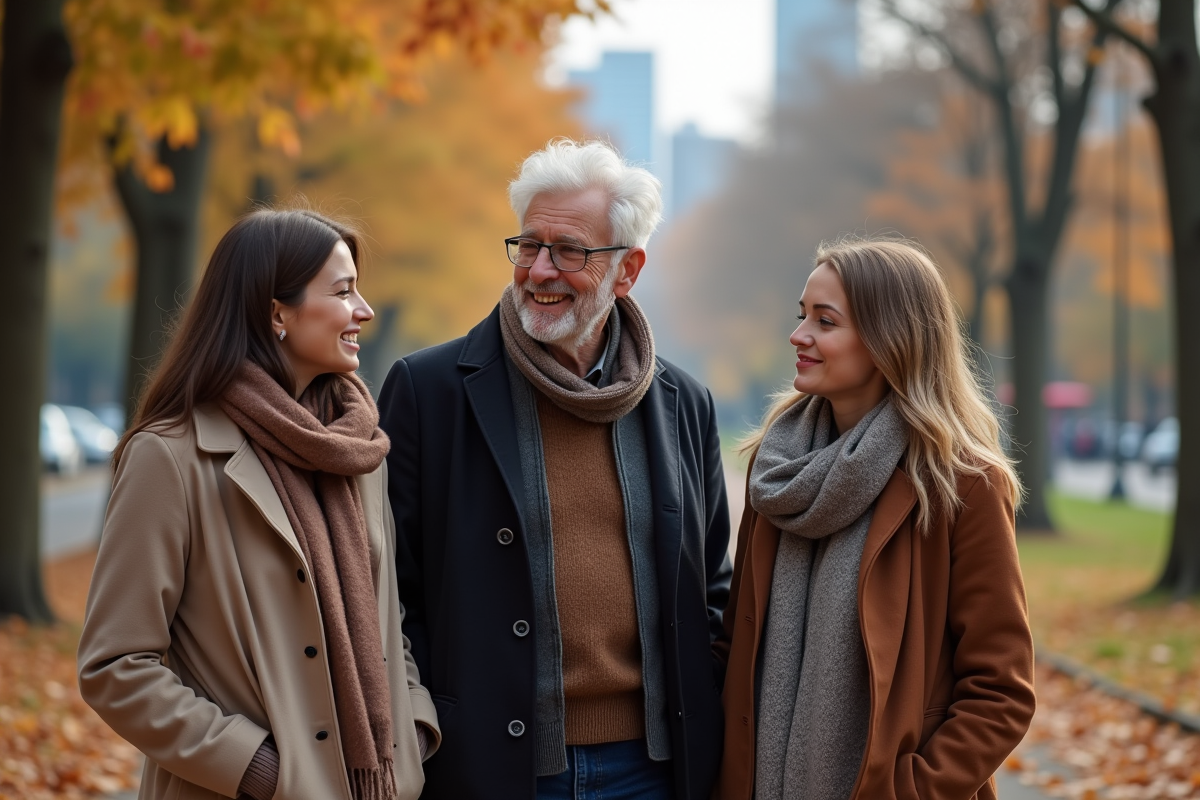 Famille discutant dans un parc en automne