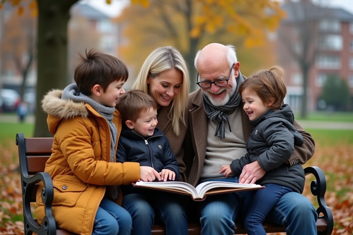 Famille multigeneration riant sur un banc dans un parc