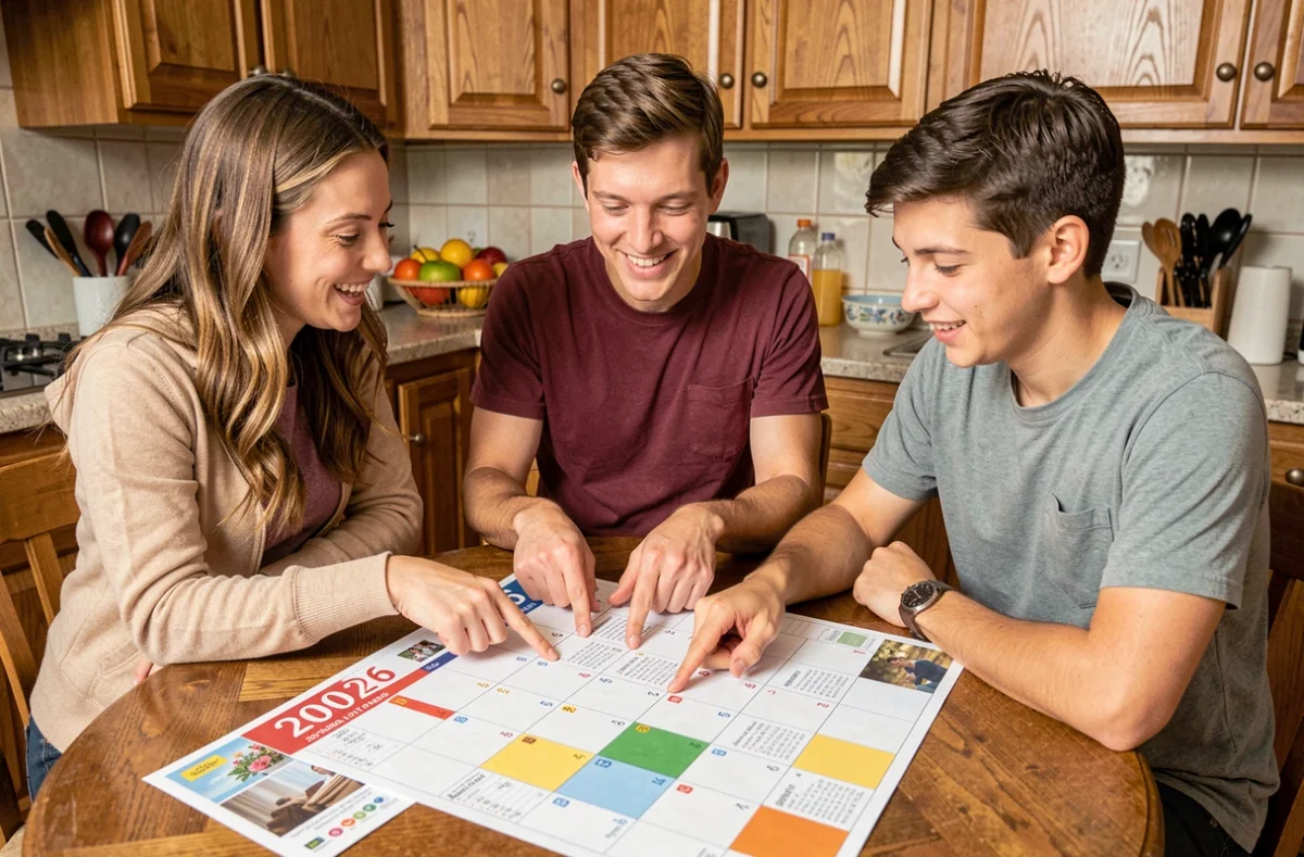 Famille planifiant des activités et rendez-vous sur un calendrier annuel 2026 autour d'une table de cuisine