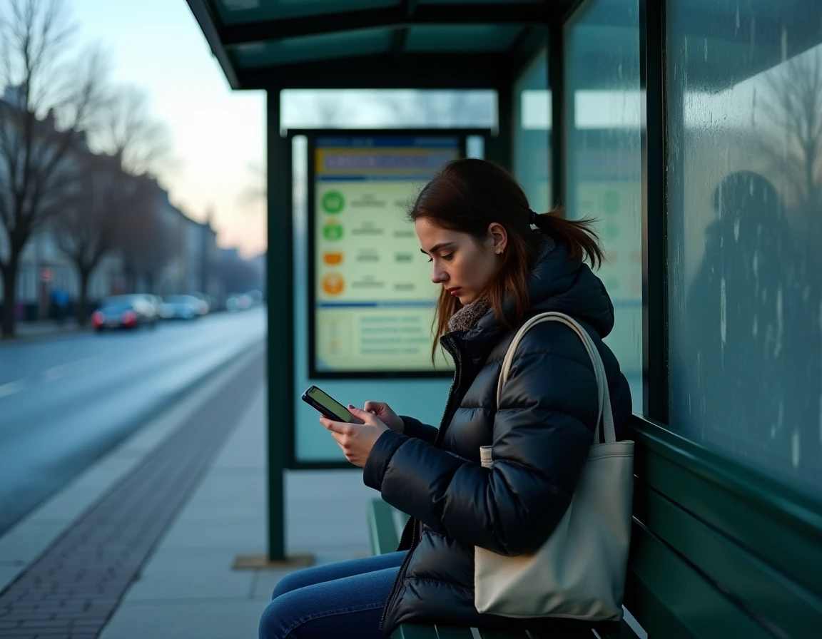 Jeune femme consultant les horaires du bus 172 sur son téléphone dans un abribus tôt le matin