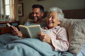 Femme agee souriante dans son lit avec un homme lisant un livre