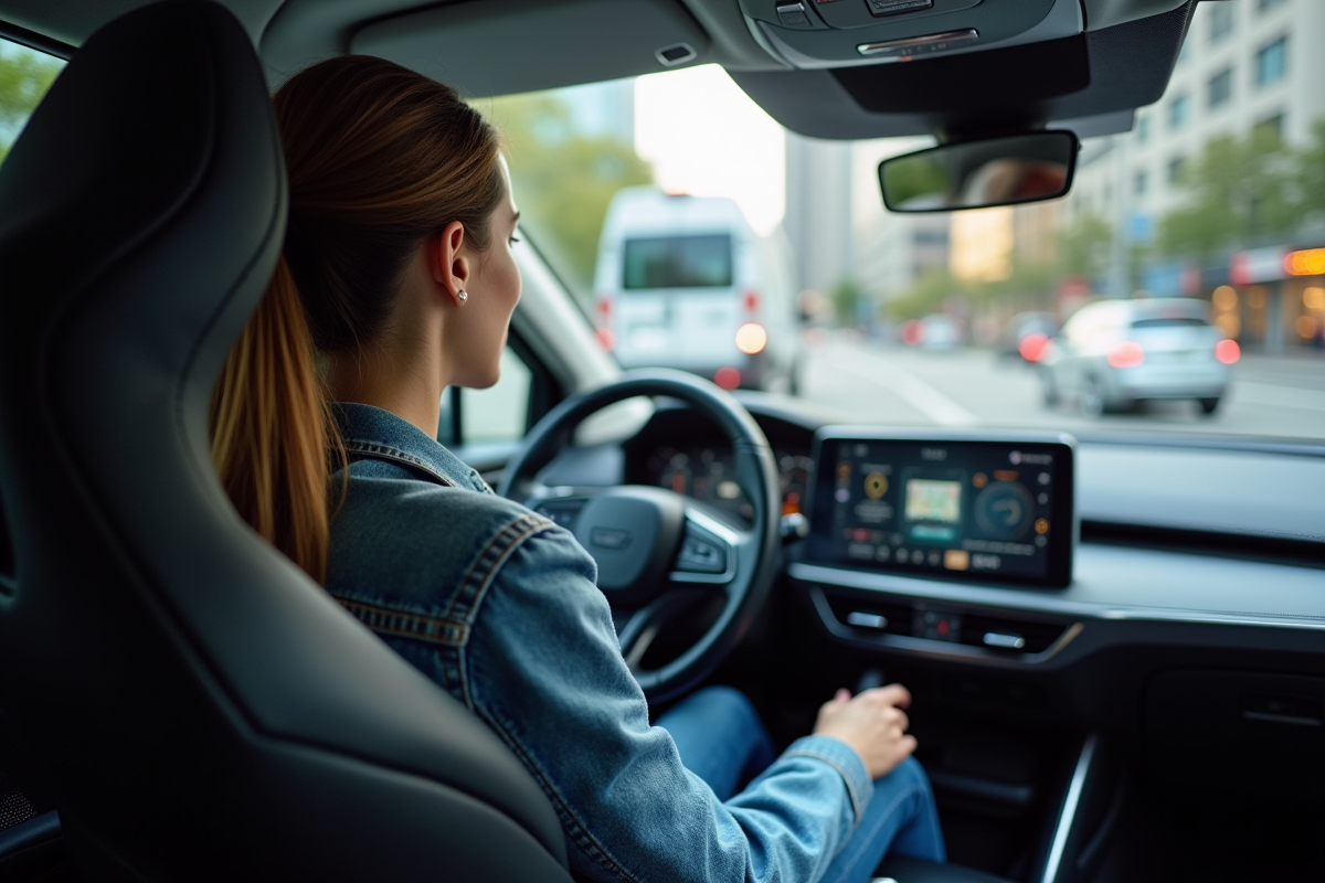 Jeune femme en jeans utilise un tableau de bord dans une voiture autonome