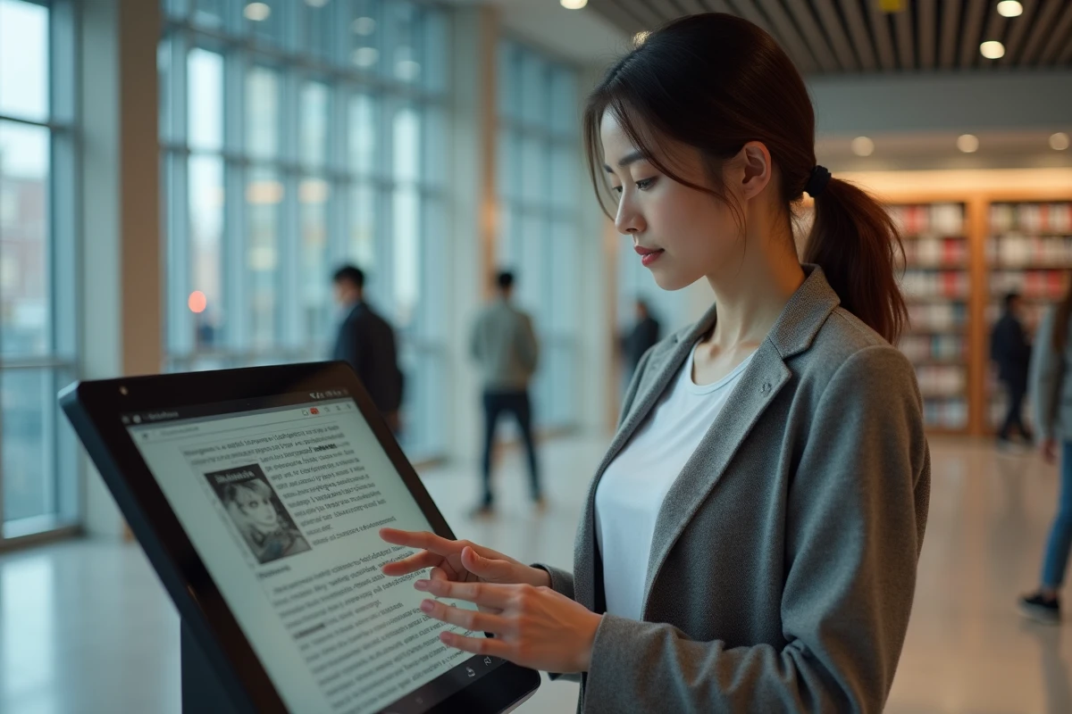 Femme lisant sur une tablette dans une bibliothèque moderne