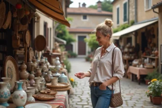 Femme souriante examinant des céramiques anciennes en brocante