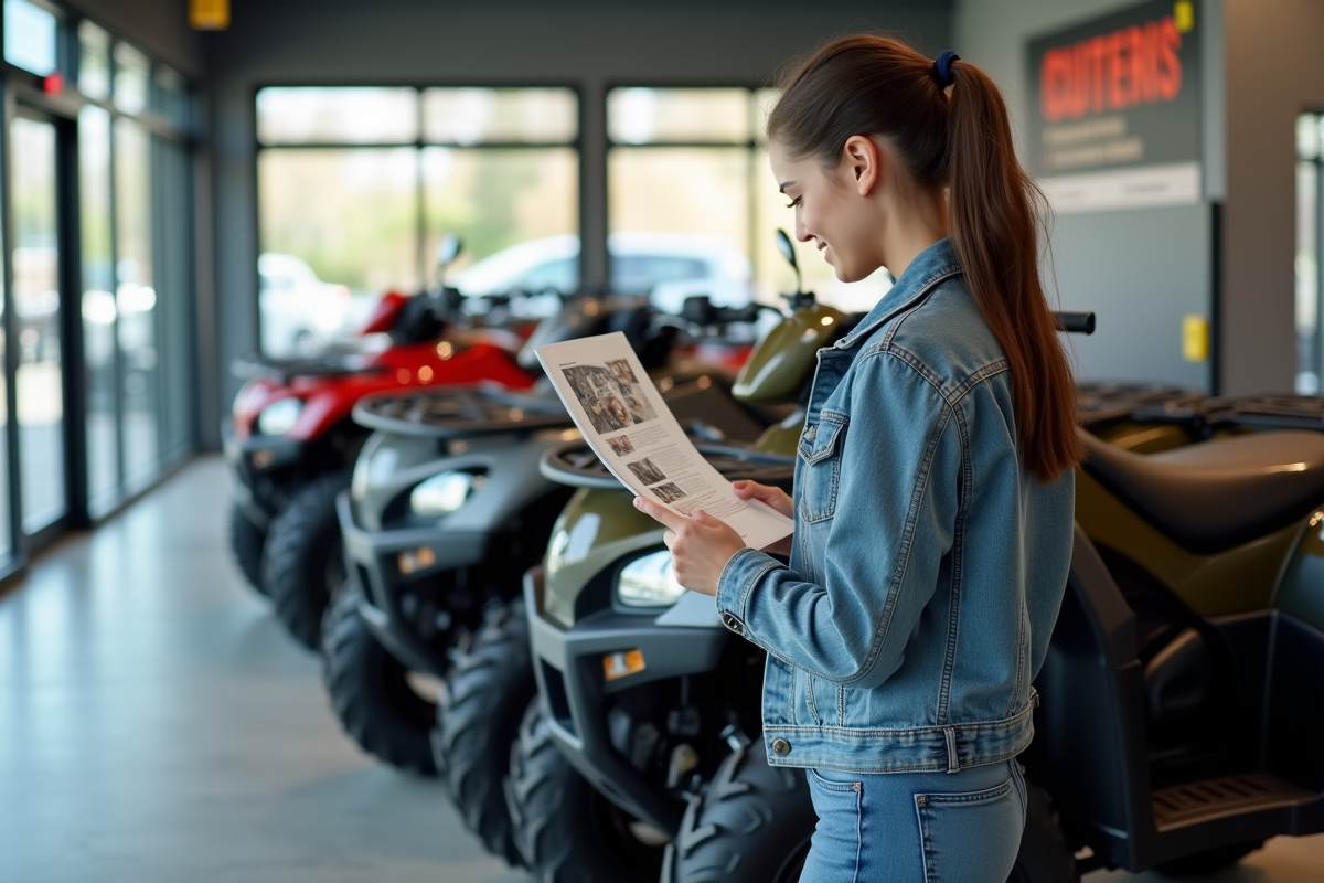 Jeune femme regardant une brochure de quad en showroom