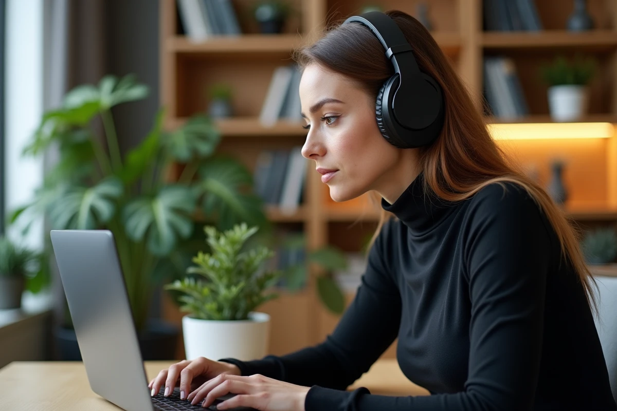 Femme analysant des niveaux sonores sur son ordinateur dans un bureau