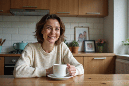 Femme souriante dans sa cuisine chaleureuse