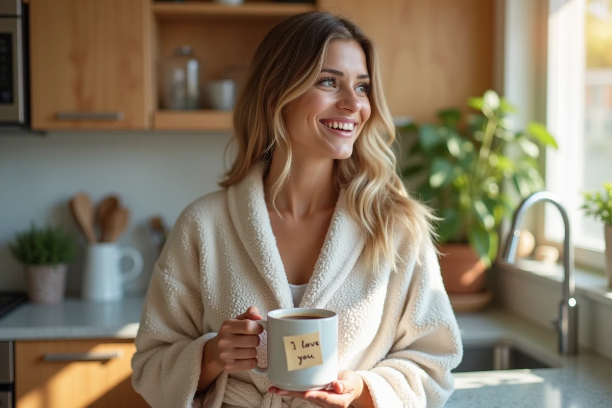 Femme souriante tient une tasse de cafe avec note d amour
