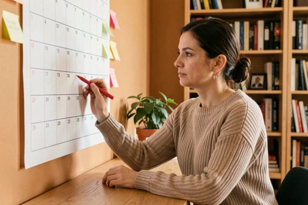 Femme marquant des semaines impaires sur un calendrier mural 2026 dans un bureau à domicile