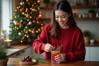 Femme souriante décorant un cocktail de Noël avec des canneberges
