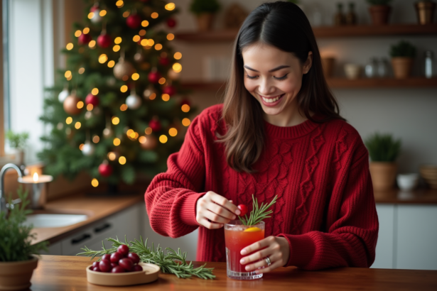 Femme souriante décorant un cocktail de Noël avec des canneberges