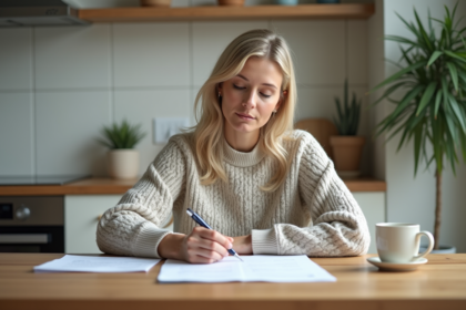 Femme dans la cuisine lisant des documents avec concentration