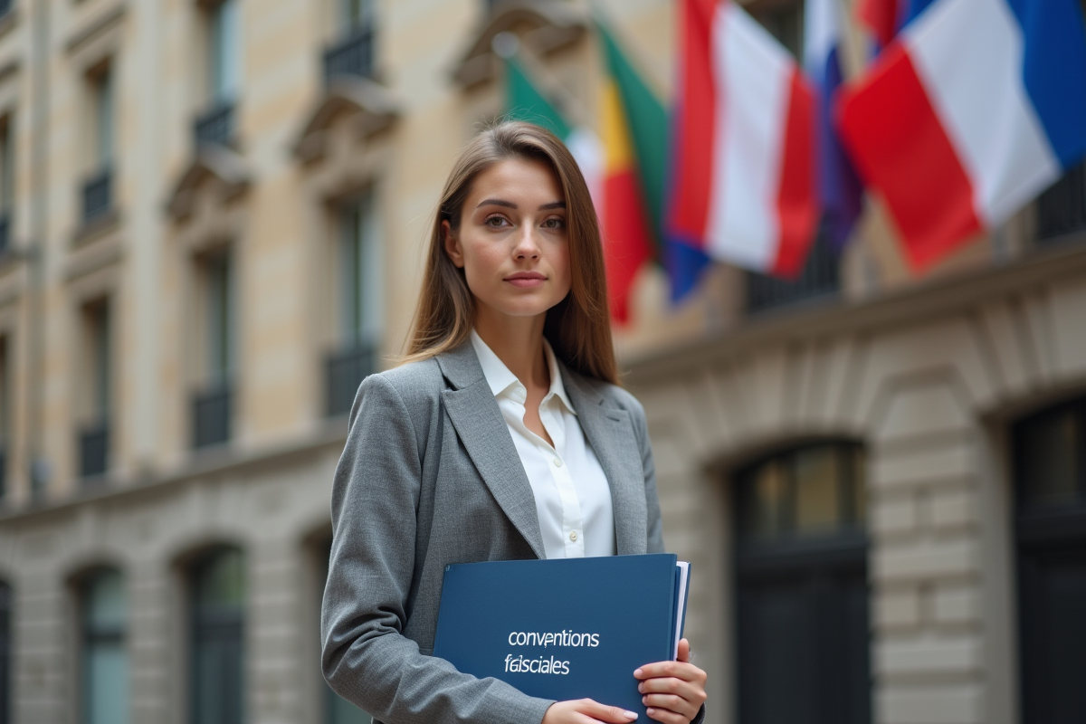 Jeune femme diplomate avec dossier sur les conventions fiscales