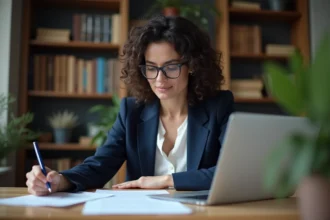 Femme consultant des documents juridiques sur les droits d'auteur et le partage de fichiers en ligne