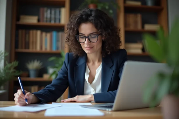 Femme consultant des documents juridiques sur les droits d'auteur et le partage de fichiers en ligne
