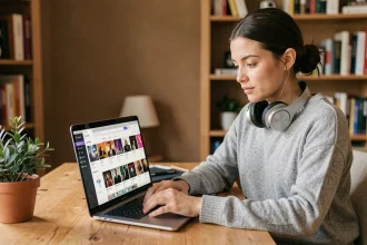 Jeune femme écoutant de la musique en ligne sur un ordinateur portable dans un bureau à domicile cosy
