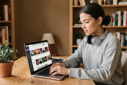 Jeune femme écoutant de la musique en ligne sur un ordinateur portable dans un bureau à domicile cosy