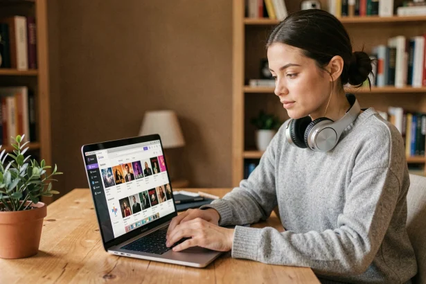 Jeune femme écoutant de la musique en ligne sur un ordinateur portable dans un bureau à domicile cosy