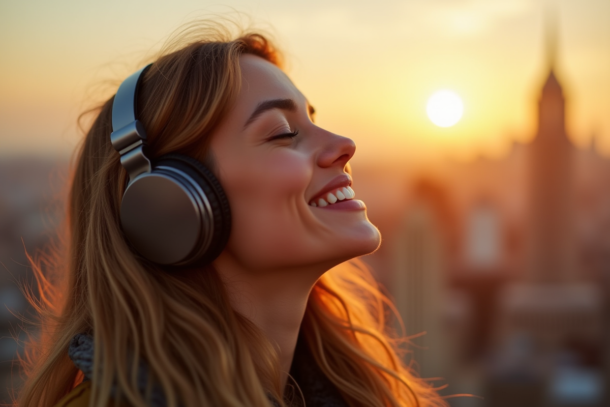 Femme souriante portant des écouteurs luxueux en ville