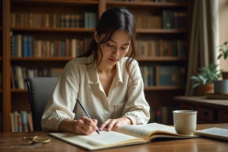 Femme écrivant des figures de style dans un carnet sur un bureau en bois entouré de livres de littérature