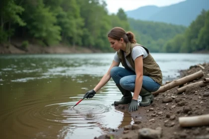 Femme environnementaliste testant l'eau d'une rivière