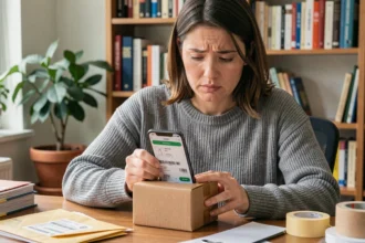 Femme examinant une étiquette de colis Mondial Relay en comparant les frais de port sur son téléphone