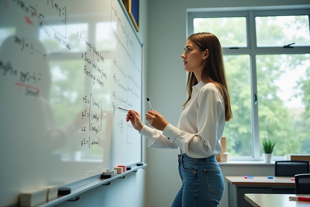 Jeune femme expliquant des équations de champ électrique au tableau