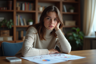 Jeune femme examinant un diagramme génétique dans un intérieur cosy