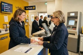 Femme déposant des documents imprimés au guichet d'un bureau de La Poste en France