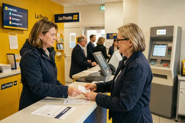 Femme déposant des documents imprimés au guichet d'un bureau de La Poste en France