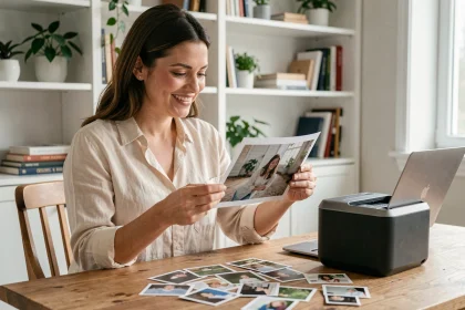 Femme examinant une photo imprimée par une imprimante photo portable posée sur un bureau en bois
