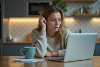 Femme inquiète devant son ordinateur dans la cuisine