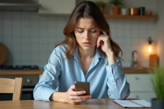 Femme inquiète regardant son smartphone dans la cuisine