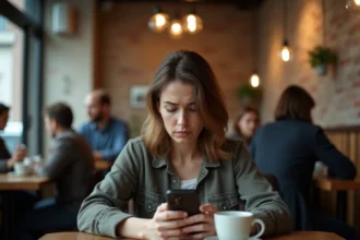 Femme seule dans un café regardant son téléphone avec une expression inquiète, symbolisant l'isolement social lié à la cancel culture