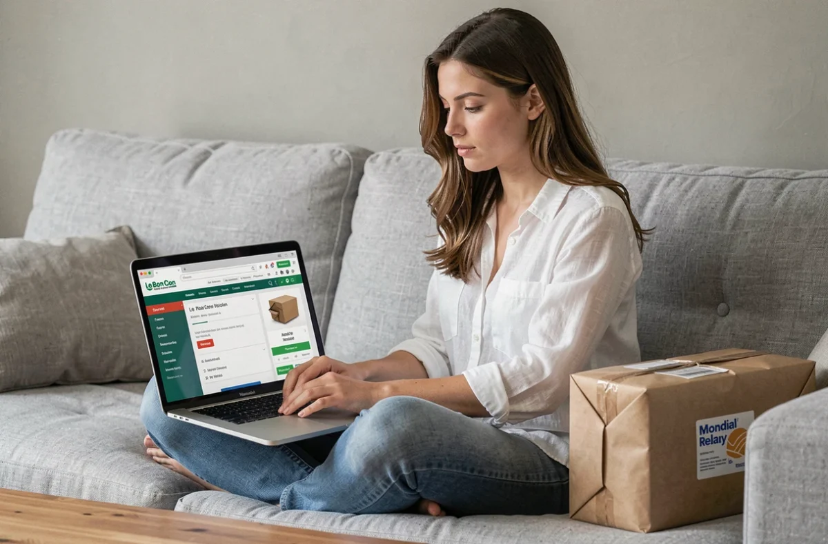 Jeune femme contactant un vendeur sur Le Bon Coin pour signaler une erreur de tarif Mondial Relay