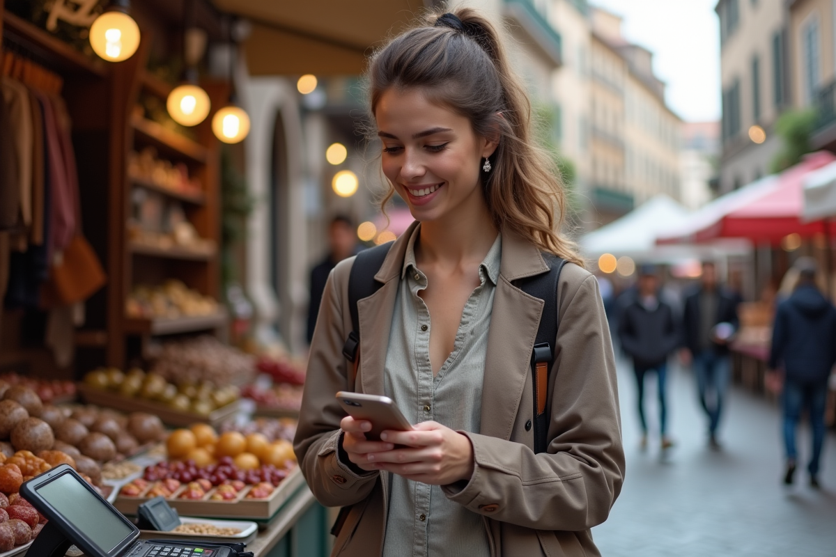 Jeune femme en tenue décontractée utilisant un terminal de paiement dans un marché européen