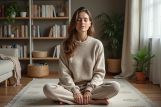Femme en méditation calme dans un salon chaleureux