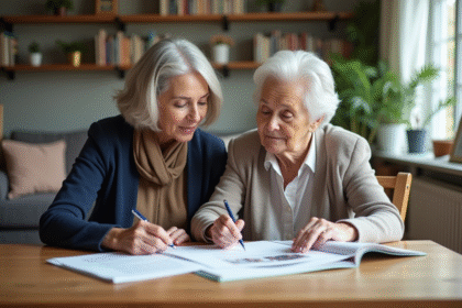 Femme d'âge moyen et sa mère âgée examinent des documents familiaux