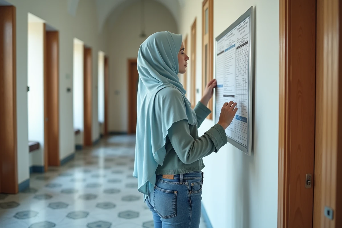 Jeune femme musulmane consulte un calendrier de prières à la mosquee