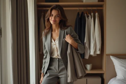 Femme en blazer organisant sa garde-robe moderne