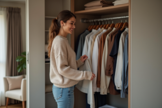 Femme souriante choisissant un vêtement dans un placard organisé