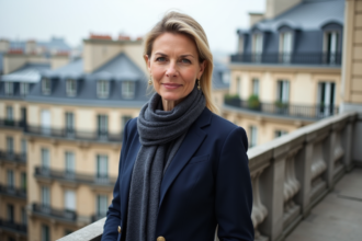 Femme professionnelle sur un balcon parisien avec vue sur les toits