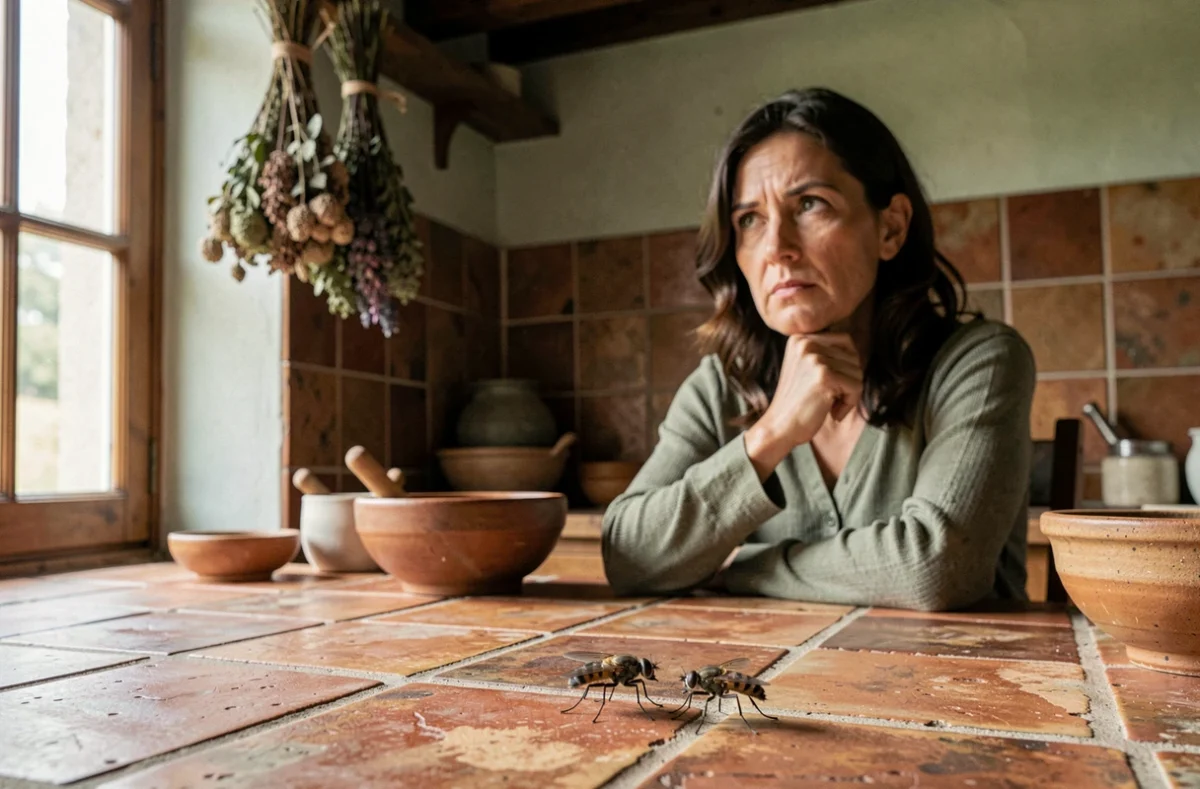Femme pensive dans une cuisine rustique observant une mouche sur la table, évoquant la réflexion sur la signification symbolique des mouches