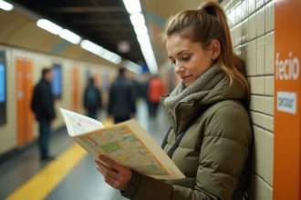Femme consultant un plan de métro papier sur un quai TCL à Lyon pendant des travaux