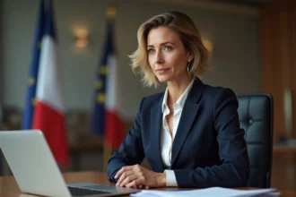 Femme politique française en costume navy en portrait