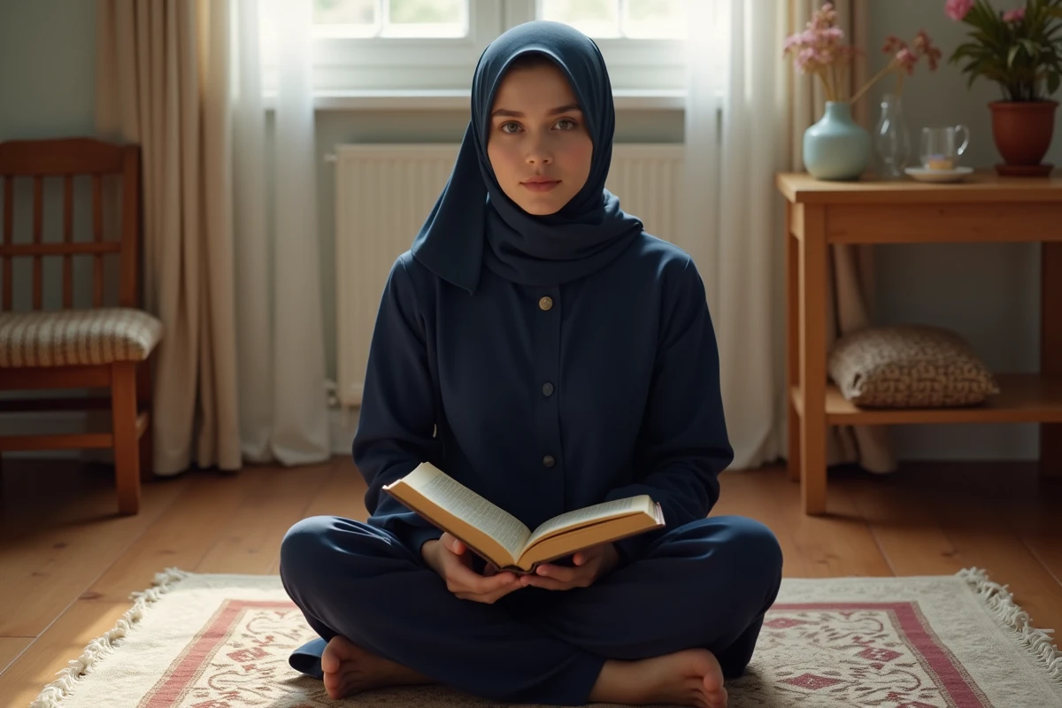 Jeune femme en prière lisant un texte sacré sur un tapis traditionnel dans un intérieur chaleureux
