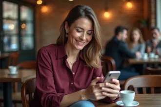 Femme dans la quarantaine utilisant une application de rencontre pour seniors dans un café parisien authentique