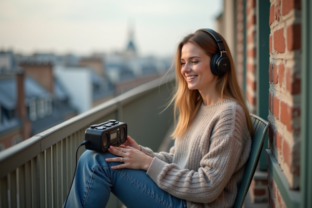 Femme souriante avec casque écoutant radio sur balcon parisien