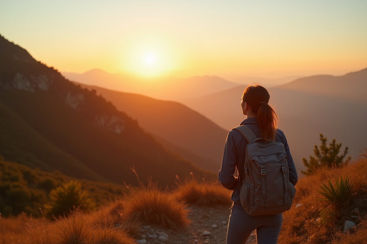 Femme en randonnée au lever du soleil en montagne