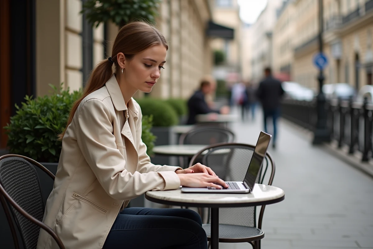 Jeune femme recherchant une adresse officielle sur son ordinateur en terrasse de café